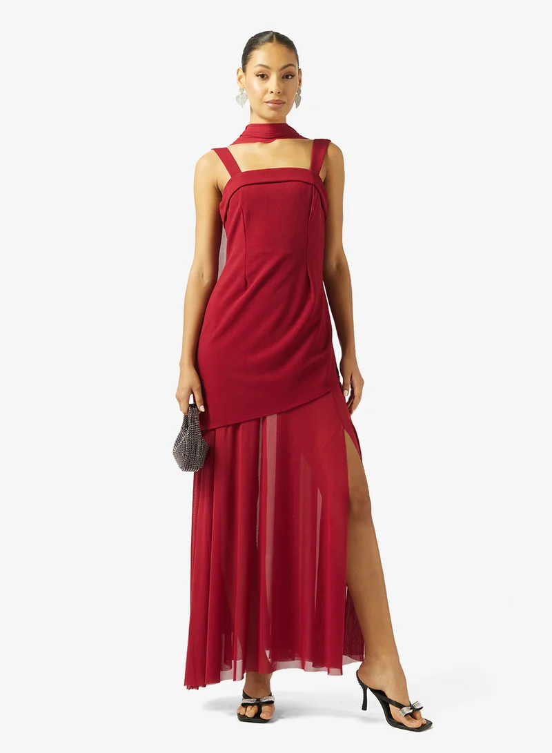 Ginger  Square Neck Drop Waist Dress with Scarf for Women | Best Price UAE